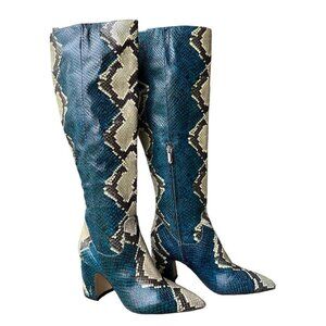 Sam Edelman Leather Boots Hai Snakeskin Peacock Blue Knee High Women 6.5‎ M EUC